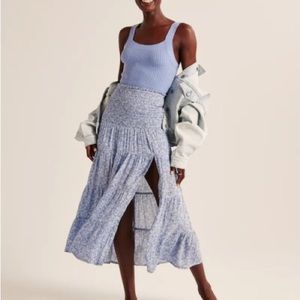 A&F Light Blue Floral Tiered Midaxi Skirt w/ slit